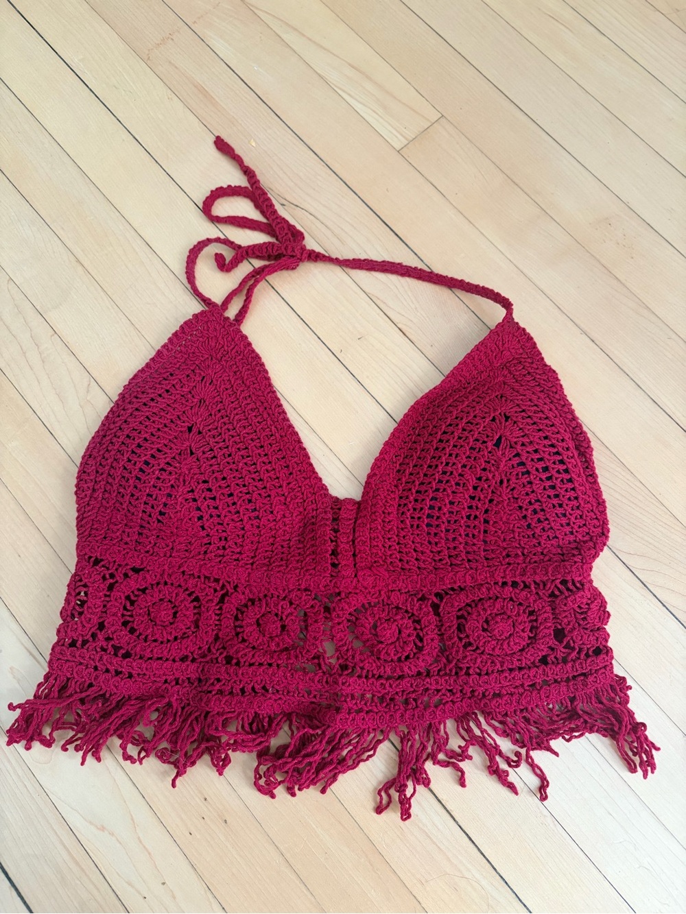 Crochet Fringe Halter Crop Top - Burgundy